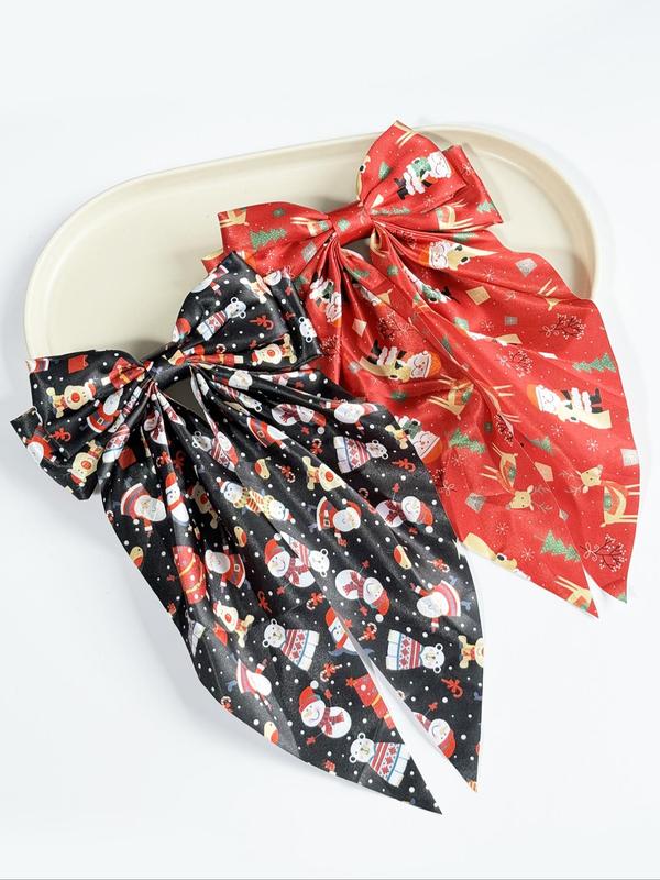 Christmas Themed Bow Decor Hair Clip Set, Cute Colorful Printed Fabric Hair Accessories for Women & Girls, Minimalist Headwear Suitable for Thick Hair