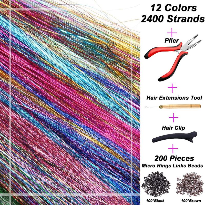 Hair Tinsel Kit With Tool 12 Colors 2400 Strands Tinsel Hair Extensions Fairy Hair Tinsel Heat Resistant, 47 Inches Shiny Sparkly Hair Tinsel Strands Glitter Hair Extensions for Women Girls