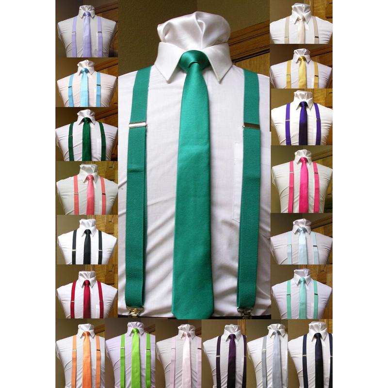 Matching skinny tie and suspenders set men's clip-on x back longer necktie prom