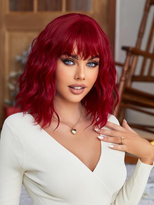 12 Inch Short Water Wavy Wig, Gorgeous Fluffy Wigs with Blunt Bangs, Glueless Wigs Ready To Wear, Natural Look Synthetic Full Machine Replacement Wigs for Party, Daily Use