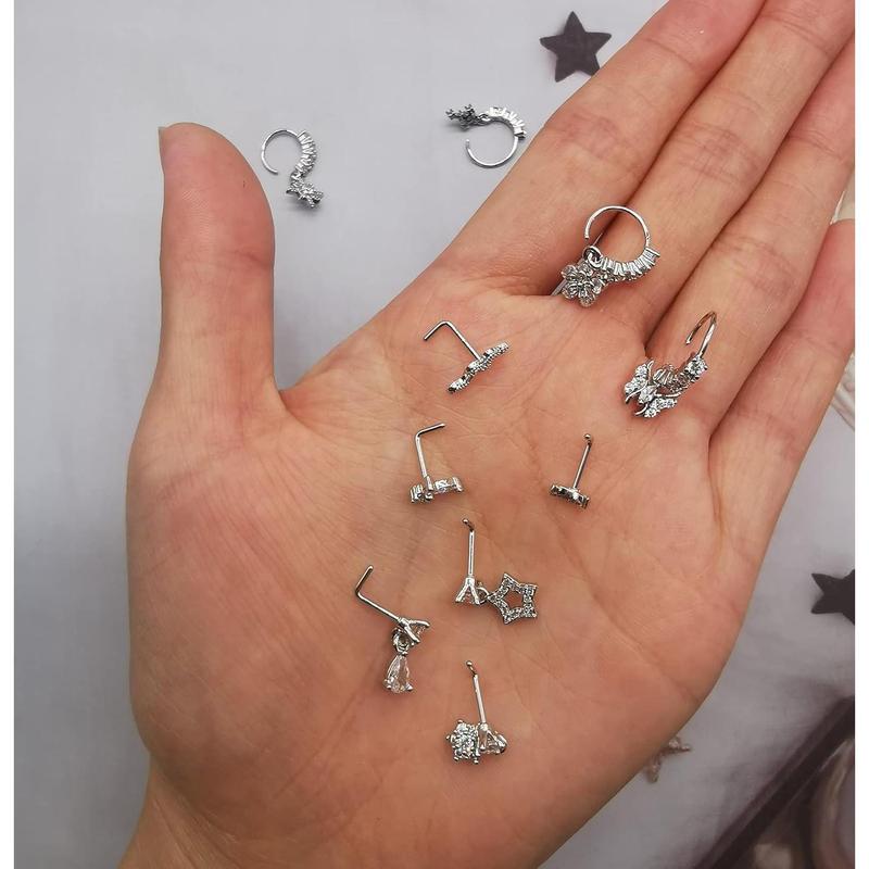 20Pcs 20G Dangle Nose Ring L Shaped Dangling Nose Stud for Women Stainless Steel CZ Flower Dangle Hoops Nose Piercing Jewelry