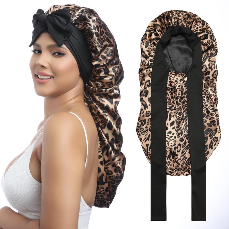 Long Satin Bonnet for Women - Double Layer Elastic Silk Bonnet for Braids Hair Sleeping Cap with Tie Band