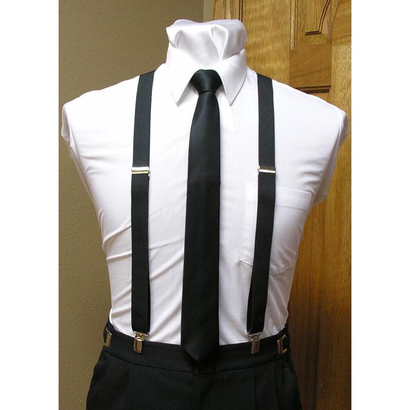 Matching skinny tie and suspenders set men's clip-on x back longer necktie prom