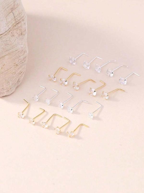 Unisex Punk Style White Cubic Zirconia Nose Studs, 20pcs set L-Shape Nose Rings for Women Men, Simple Nose Piercing Jewelry, Fashion Body Jewelry for Daily & Party Decoration