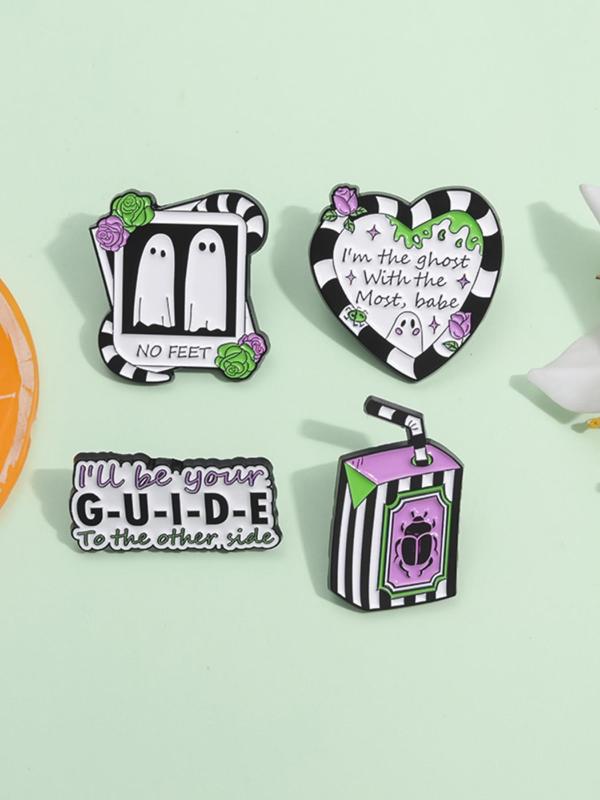 Cute Cartoon Ghost & Letters Print Heart Shaped Pins Brooch, Punk Creative Clothes Brooch, Fashion Brooch for Daily Clothing Decor, Trendy All-match & Exquisite Brooch for Birthday Gift