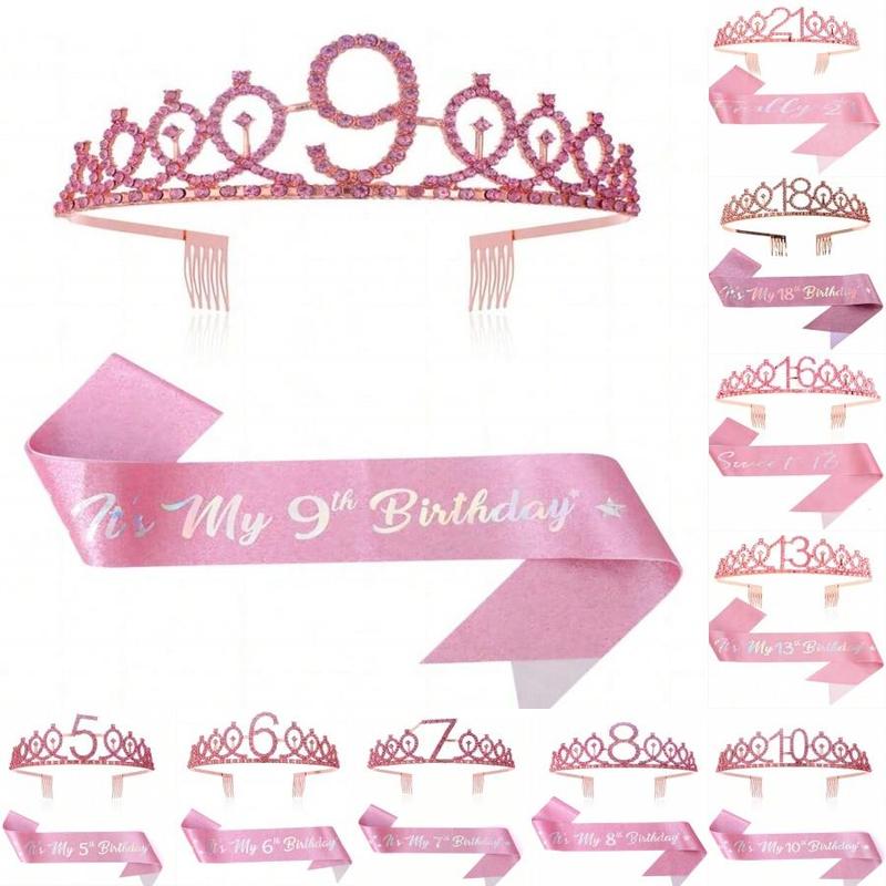 Birthday Crown & Sash Set, 2 Counts set Rhinestone Crown & Letter Print Sash, Birthday Party Favor for Women & Girls, Fashion Accessories for Party, Holiday