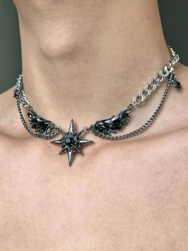 Punk Style Wing Star Design Pendant Necklace, Street Trendy Charm Necklace for Party, Daily Decor, Trendy All-match & Exquisite Jewelry for Birthday Gift