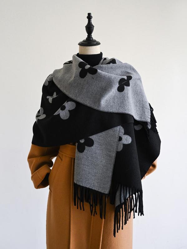 Floral Print Fringe Trim Scarf, Casual Soft Warm Shawl for Fall & Winter, Fashion Accessories for Women & Men