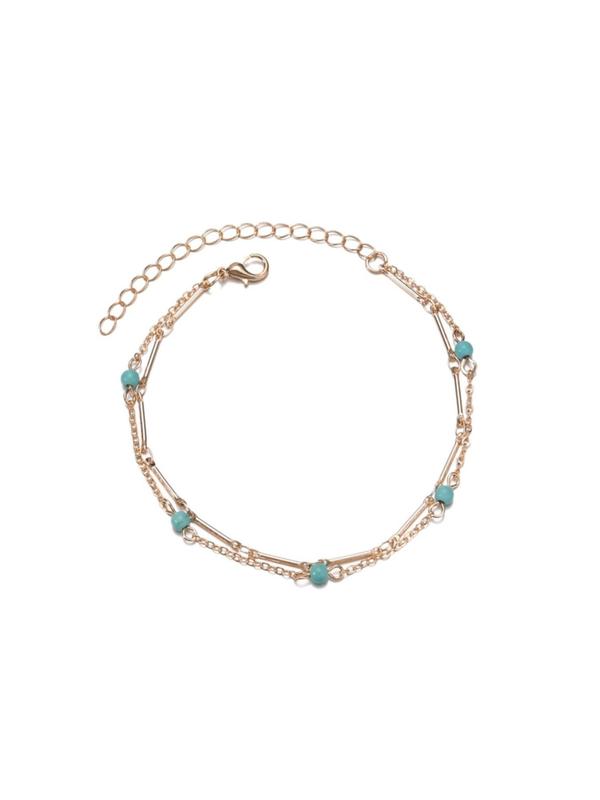 Boho Style Turquoise Texture Beaded Double Layer Anklet for Women & Girls, Fashion Jewelry for Beach Party, Daily Clothing Decor, Trendy All-match & Exquisite Jewelry for Birthday Gift