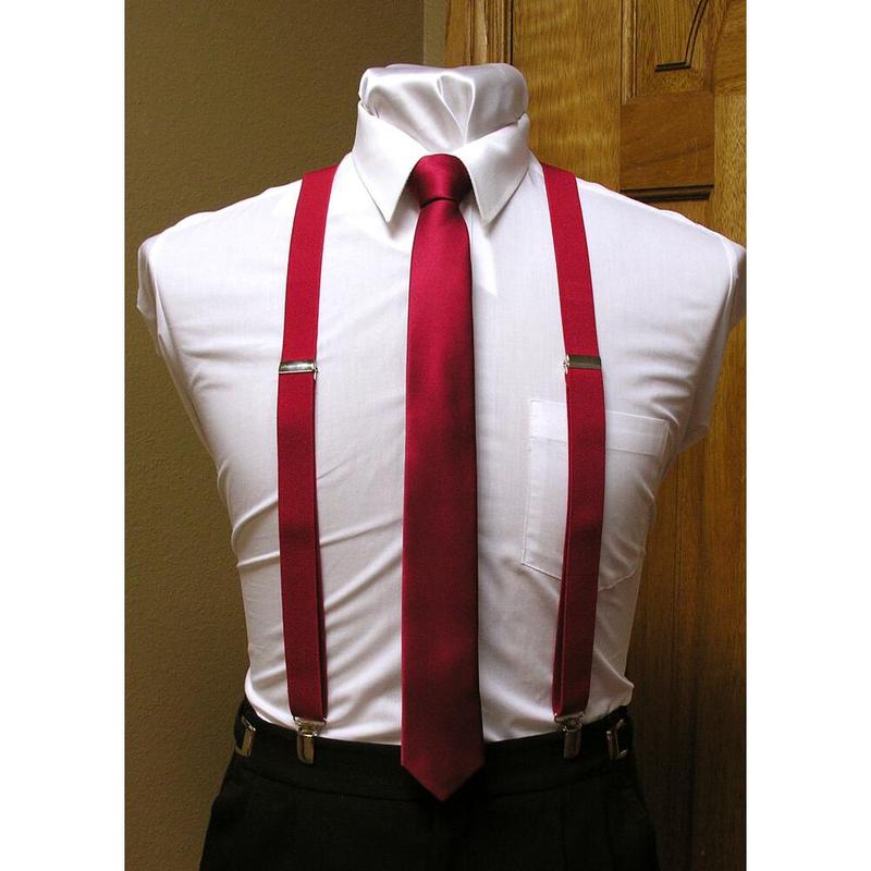 Matching skinny tie and suspenders set men's clip-on x back longer necktie prom