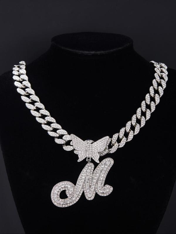 2024 Summer Rhinestone Decorated Initial Necklace for Men & Women, Letter Design Cuban Link Chain, 2024 Trendy Pendant Chunky Chain Necklace, Fashion Alloy Iced Out Jewelry for Party