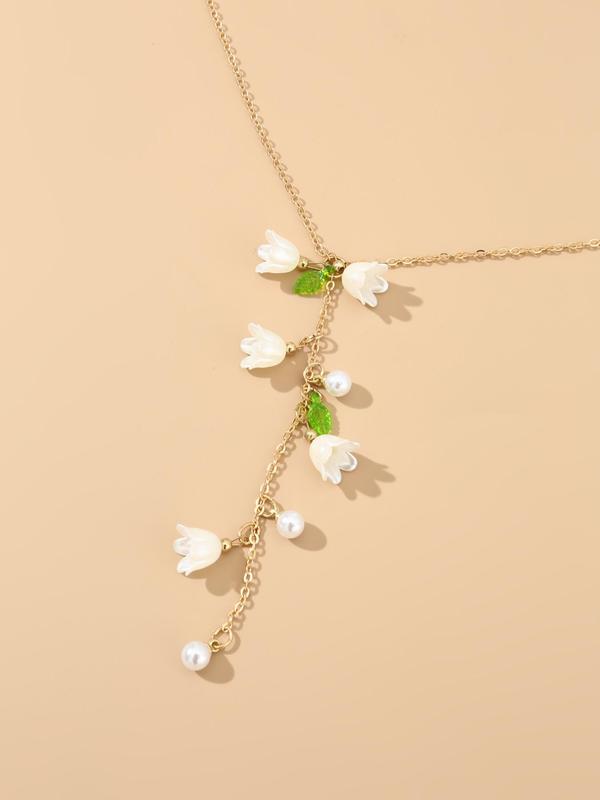 Faux Pearl Decor Flower Charm Pendant Necklace for Women for Gift, Simple Design Temperament All-match Necklace