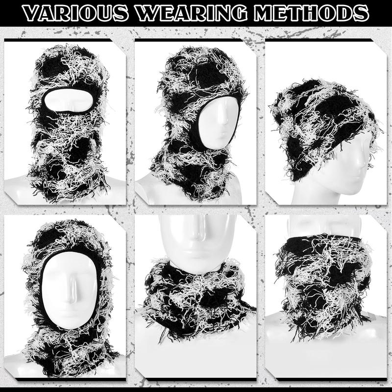 2 Count Distressed Balaclava Ski Mask Knitted Windproof Premium Yeat Men Women Cream Fuzzy Distressed Beanie Hat Cozy Cap Full Face Mask Cold Weather