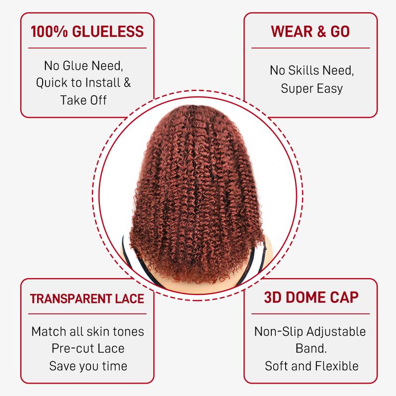 [Black Friday Deal] IPRO HAIR Wear and Go Glueless Wig #33 Reddish Brown Kinky Curly Lace Front Human Hair Wigs Pre Plucked Pre Cut 6x4 Transparent Lace Closure Wigs For Women Natural Hairline Beginner Friendly Wig