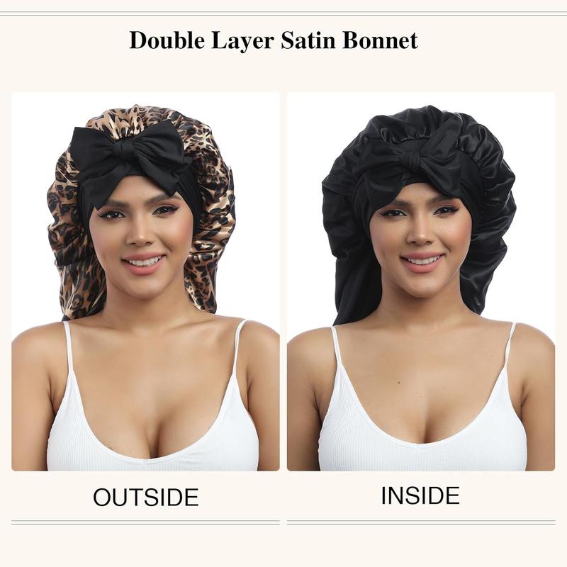 Long Satin Bonnet for Women - Double Layer Elastic Silk Bonnet for Braids Hair Sleeping Cap with Tie Band