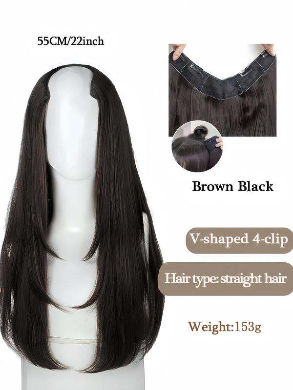 22 Inch Long Straight Clip-in Hair Extension, 4-clip Layered V-shaped Inner Buckle One-piece Seamless Invisible Hair Extensions, Natural Fluffy Synthetic Hair Extension Wigs