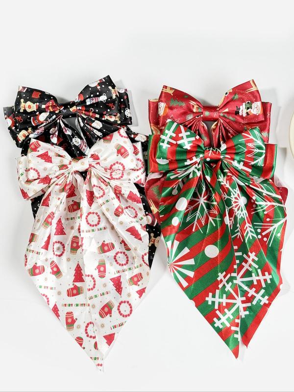 Christmas Themed Bow Decor Hair Clip Set, Cute Colorful Printed Fabric Hair Accessories for Women & Girls, Minimalist Headwear Suitable for Thick Hair