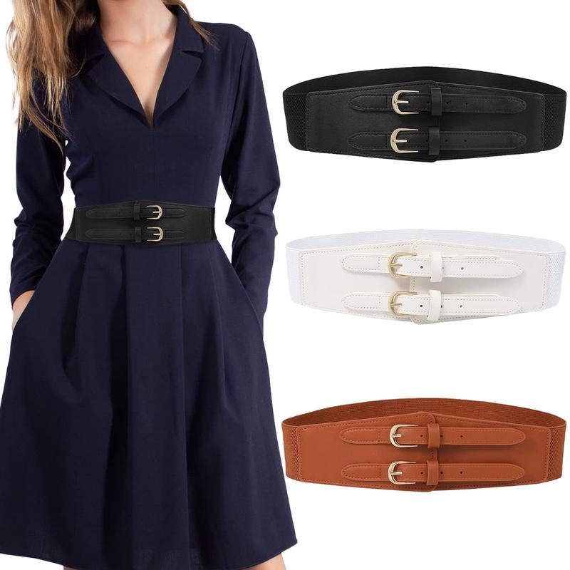 AWAYTR Double Buckle Women's Elastic Belt Ladies Stretchy Wide Belts for Dresses Leather Waist Belts