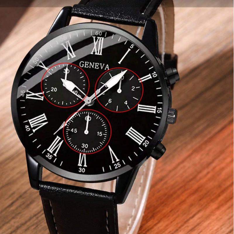 Men's Black Pu Band Casual Quartz Watch And Stainless Steel Bracelet Set - Best Gift For Men