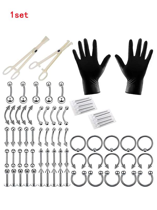 Unisex Punk Style Belly Rings & Studs, 1 Set Stainless Steel Belly Piercing Jewelry & Tools,  Belly Button Rings,  Casual Trendy Body Jewelry for Party & Back To School with Gloves & Needles & Clamps