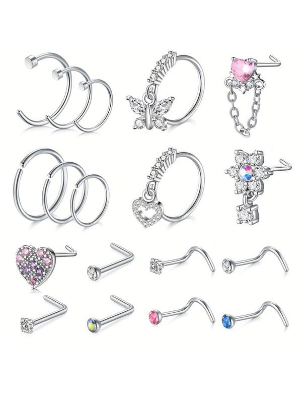 Rhinestone & Heart Nose Ring, Dainty Butterfly & Chain Nose Ring, Nose Ring Jewelry, Body Nose Piercings Jewelry for Summer Party, Daily for Girl & Men, Clean Outfit Accessory for Teen Back To School,  Nose Rings for Women