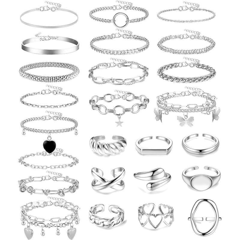 Drperfect 25 counts Bracelet And Rings Set For Women Stack Stackable Chain  Plated Filled Bracelet Pack Chunky Adjustable Statement Large Ring Layered Dainty Simple Bracelets And Rings Jewelry Daily