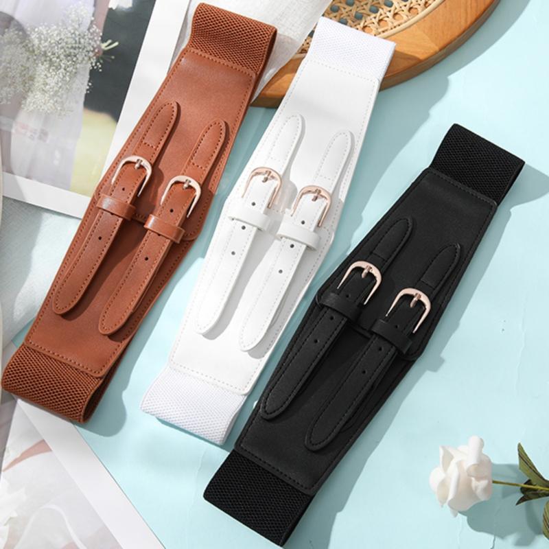 AWAYTR Double Buckle Women's Elastic Belt Ladies Stretchy Wide Belts for Dresses Leather Waist Belts