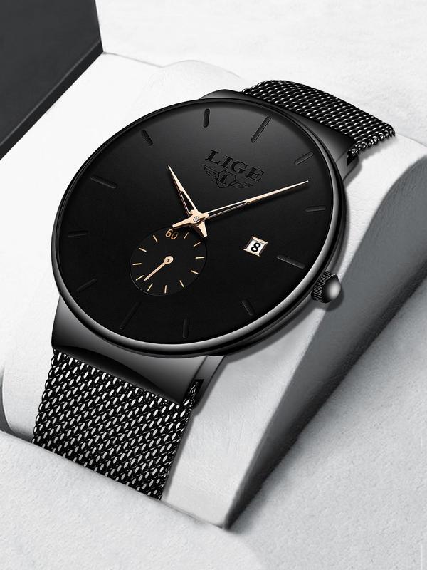 Men's Business Round Dial Quartz Waterproof Watch,  Minimalist Trendy Wristwatch with Calendar Display Function, Fashionable Accessories for Men As Gift with Box