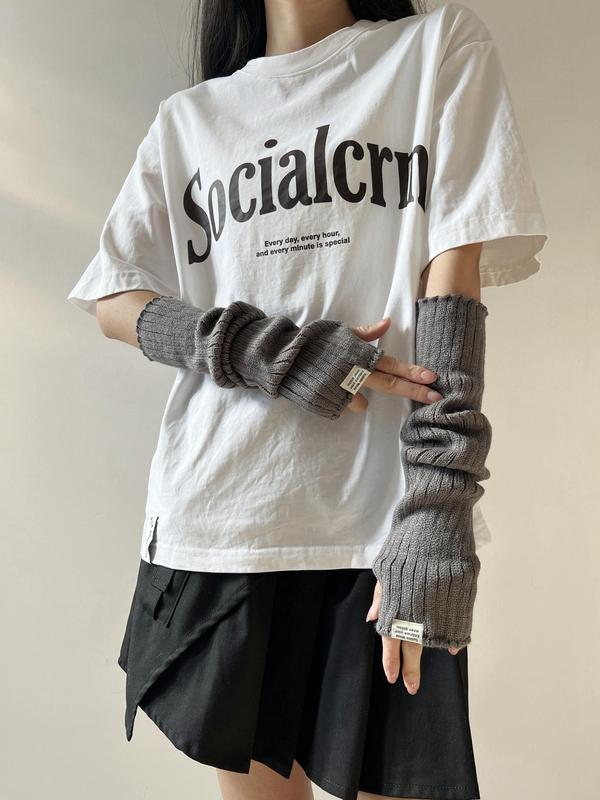 1 Pair Women's Punk Style Arm Sleeves with Letter Label, Casual Fashionable Knitted Gloves for Daily Use, Knit Fingerless Arm Warmers