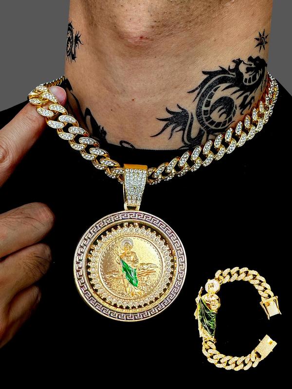 Fashion St. Jude Design Rotatable Pendant & Cuban Chain Necklace & Bracelet Set, Rhinestone Decorated Jewelry Set for Party, Daily Decor, Trendy All-match & Exquisite Jewelry for Birthday Gift, Country Boy Accessories