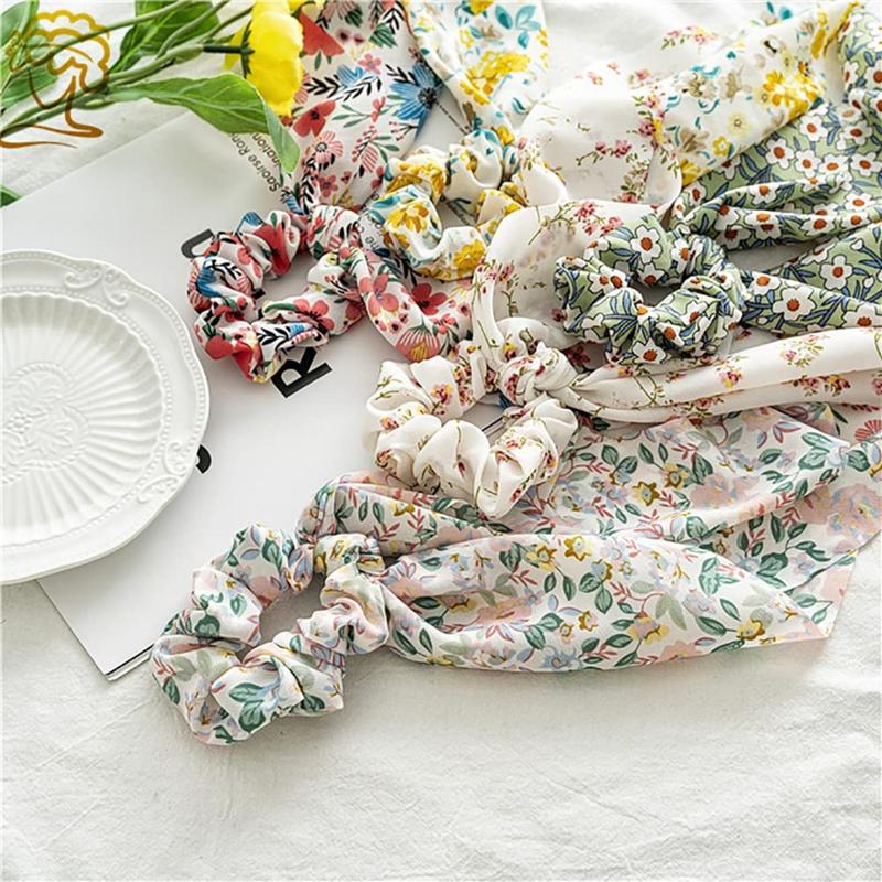 6 Pack Floral Hair Scarf Scrunchies bowknot floral hair ribbons ties Chiffon Scarf Scrunchies Bow Ties Hand Bands Elastic Ropes Long Tails Scrunchy With Bows