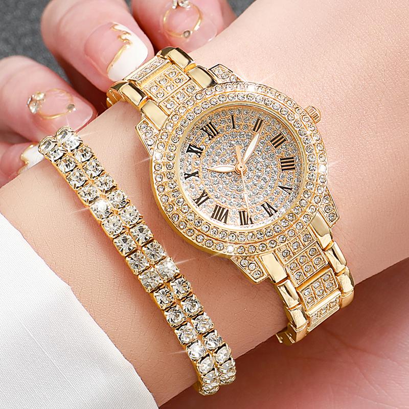 6PCs Set Women's Watch Luxury Diamond Set Quartz Rose Steel Belt Watch Gold Silver Rose Gold Double Row Diamond Bracelet