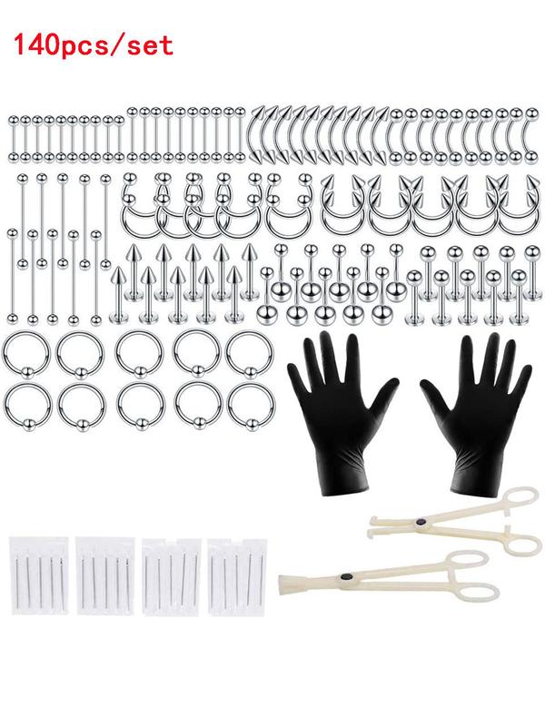 Unisex Punk Style Belly Rings & Studs, 1 Set Stainless Steel Belly Piercing Jewelry & Tools,  Belly Button Rings,  Casual Trendy Body Jewelry for Party & Back To School with Gloves & Needles & Clamps