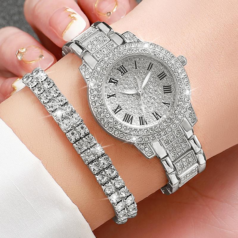 6PCs Set Women's Watch Luxury Diamond Set Quartz Rose Steel Belt Watch Gold Silver Rose Gold Double Row Diamond Bracelet