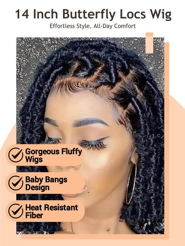 14 Inch Short Butterfly Locs Crochet Wig,  Braids Hairstyles, Gorgeous Fluffy Wigs for Women, Synthetic Hair Braids with Baby Bangs, Heat Resistant Fiber Wigs for Party, Daily Use