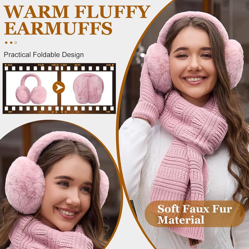 Womens Winter Knit Hat Beanie Scarf Touch Screen Gloves Ear Muffs Socks 5 count Sets Faux Fur Pom Beanie Warmer Cap