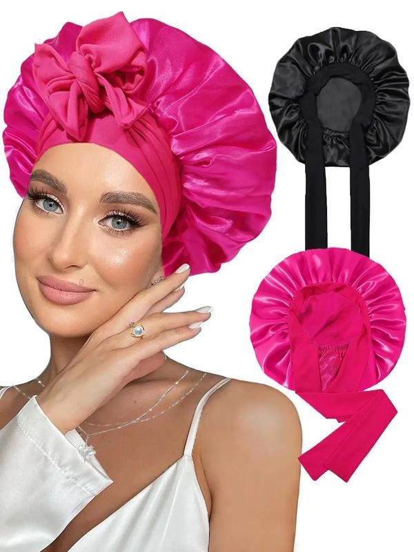 Solid Color Hair Bonnet, 2 Counts Satin Night Sleep Hair Cap for Women, Curly & Straight Hair Head Cover for Girls and Women, Heatless Styling Tools