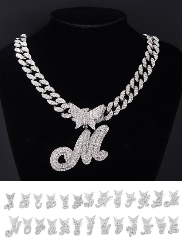 2024 Summer Rhinestone Decorated Initial Necklace for Men & Women, Letter Design Cuban Link Chain, 2024 Trendy Pendant Chunky Chain Necklace, Fashion Alloy Iced Out Jewelry for Party