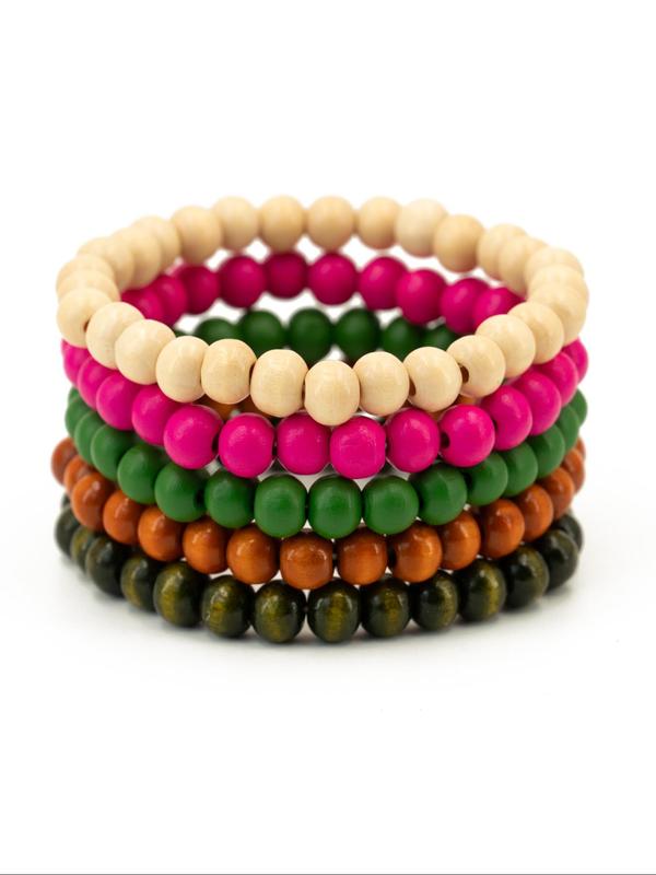 Simple Wooden Beaded Bracelets, 5pcs set Casual All-match Trendy Matching Bracelets, Friendship Bracelets & Couple Bracelets for Daily Wear, Casual Fashion Accessories for Women & Men