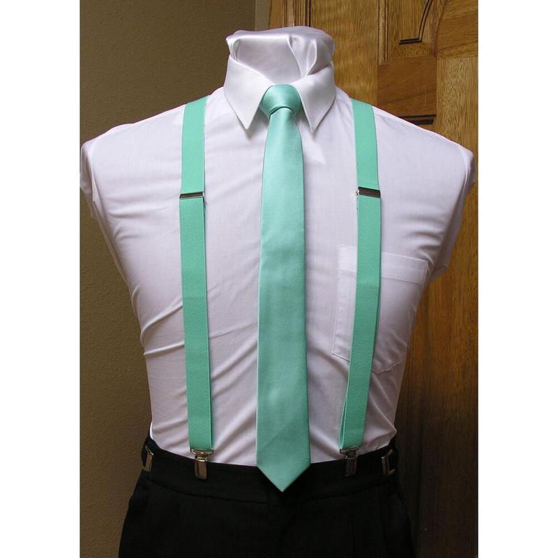 Matching skinny tie and suspenders set men's clip-on x back longer necktie prom