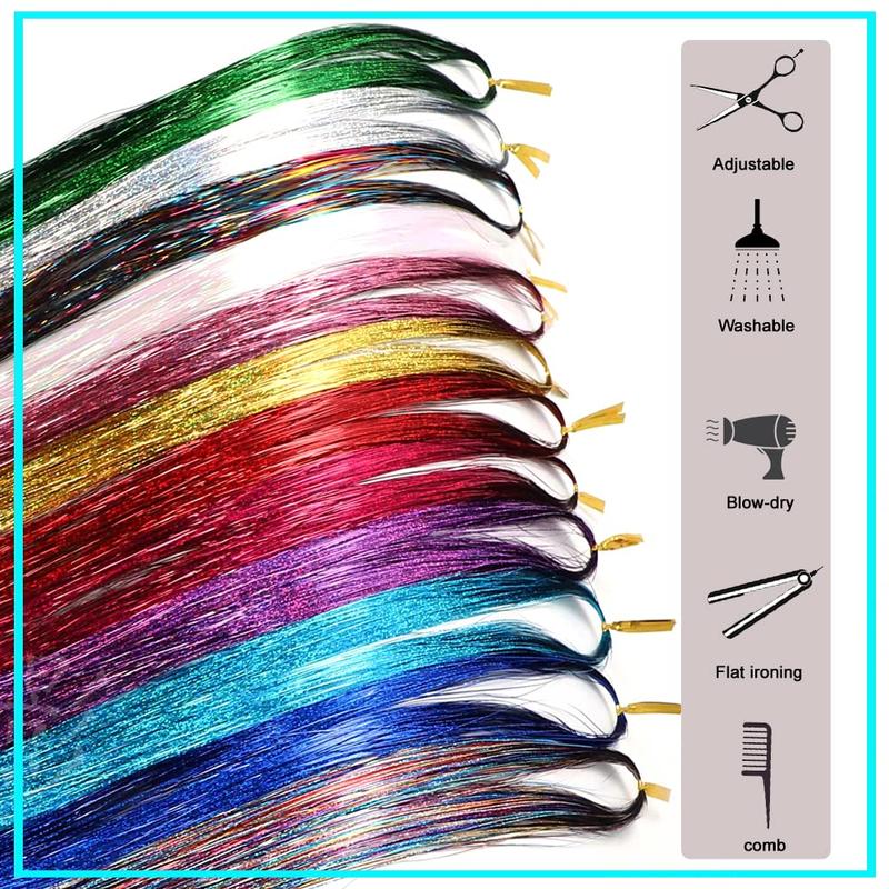 Hair Tinsel Kit With Tool 12 Colors 2400 Strands Tinsel Hair Extensions Fairy Hair Tinsel Heat Resistant, 47 Inches Shiny Sparkly Hair Tinsel Strands Glitter Hair Extensions for Women Girls