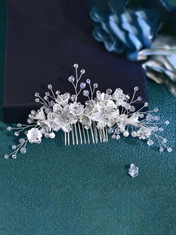 Faux Pearl Decorated Flower Design Hair Comb & Hair Pin, Elegant Bridal Headwear for Wedding Party Formal Occasions, Luxury Headwear Suitable for Bridal Hairstyle