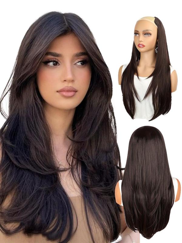 22 Inch Long Straight Clip-in Hair Extension, 4-clip Layered V-shaped Inner Buckle One-piece Seamless Invisible Hair Extensions, Natural Fluffy Synthetic Hair Extension Wigs