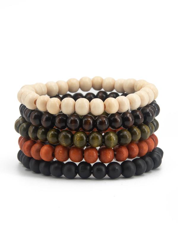 Simple Wooden Beaded Bracelets, 5pcs set Casual All-match Trendy Matching Bracelets, Friendship Bracelets & Couple Bracelets for Daily Wear, Casual Fashion Accessories for Women & Men