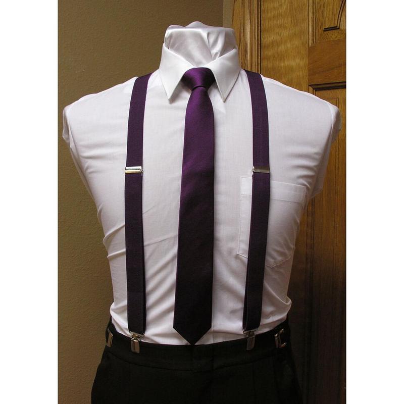 Matching skinny tie and suspenders set men's clip-on x back longer necktie prom