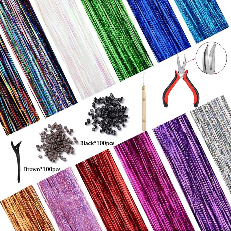 Hair Tinsel Kit With Tool 12 Colors 2400 Strands Tinsel Hair Extensions Fairy Hair Tinsel Heat Resistant, 47 Inches Shiny Sparkly Hair Tinsel Strands Glitter Hair Extensions for Women Girls