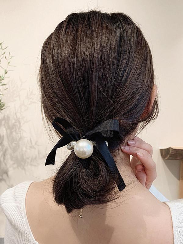 Faux Pearl Decorated Bow Decorated Hair Tie, Simple and Elegant High Stretch Ponytail Holder Hair Accessories for Women