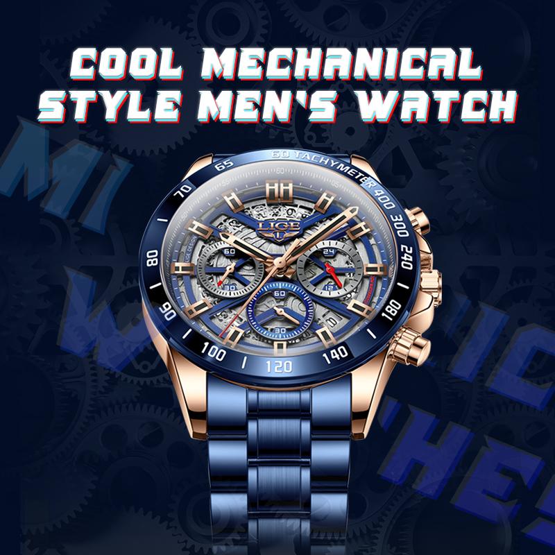 Lige cool quartz watch men's watch，mineralhigh hardness glass mirror wateproof