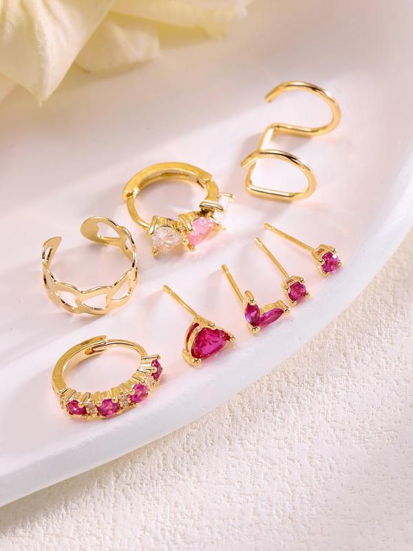 Elegant Rhinestone Decor Earring Set, 8 Counts set Heart Design Ear Cuff & Stud Earrings & Hoop Earrings, Daily Decor, Trendy All-match & Exquisite Jewelry for Birthday Gift