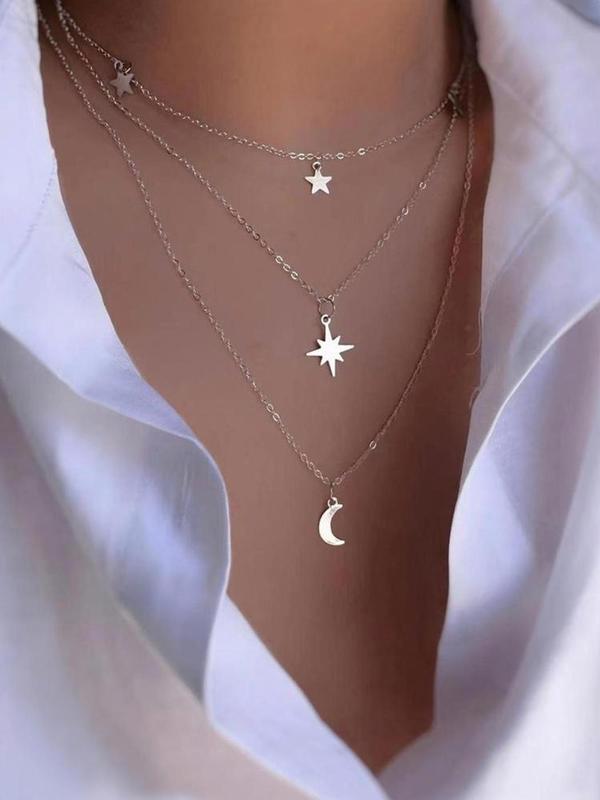 Women's Elegant Star & Moon Design Layered Necklace for Gift, Fashion Accessories For Party, Trendy Necklace for Daily Wear, Without Box